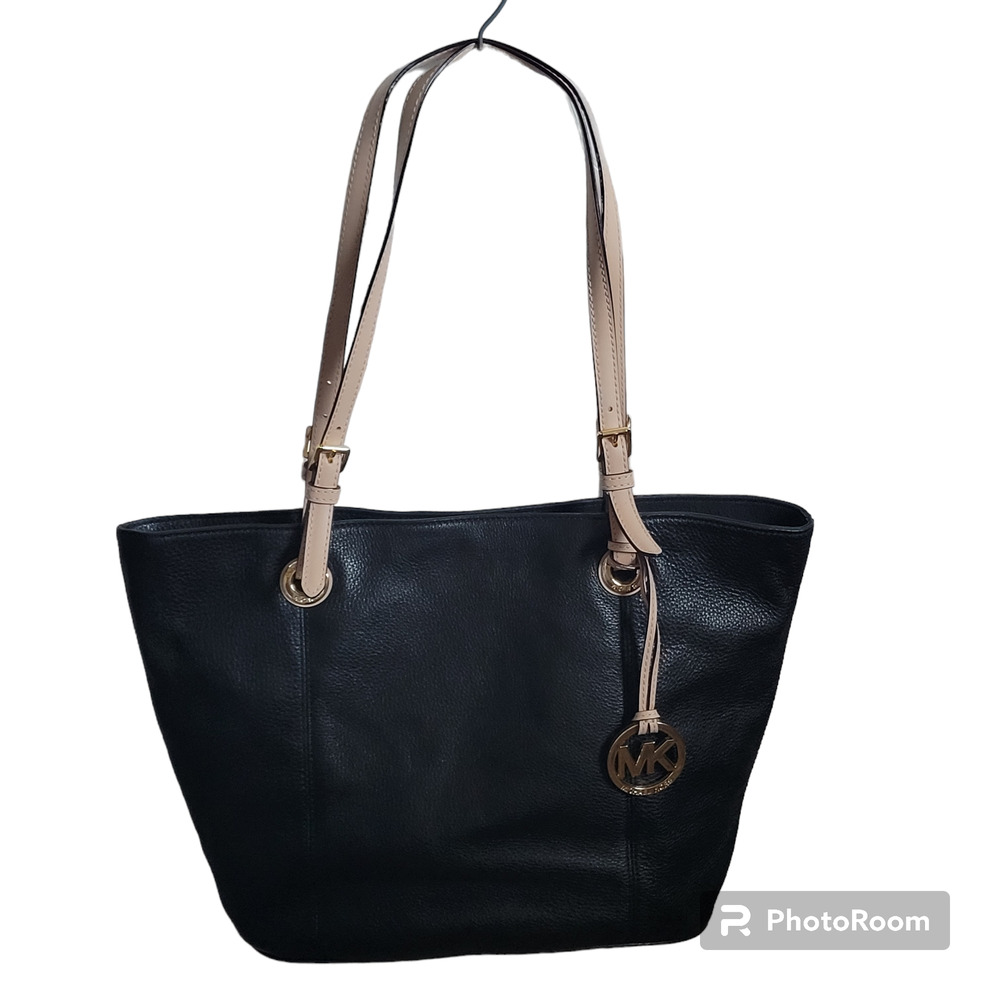 Michael Kors Jet Set Large Black Leather Tote Handbag Beige Straps MK Logo Snap